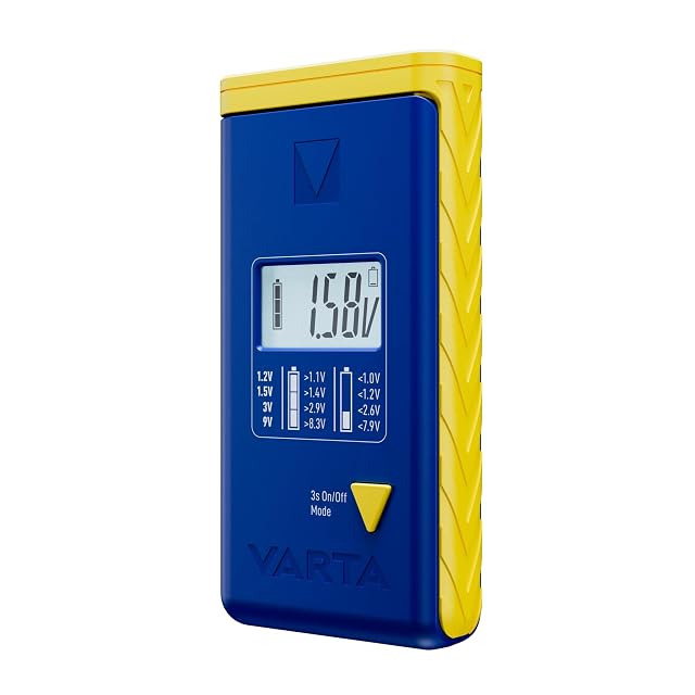 Tester per pile VARTA con LCD e una pila AA nella culla, con lo stato di carica mostrato
