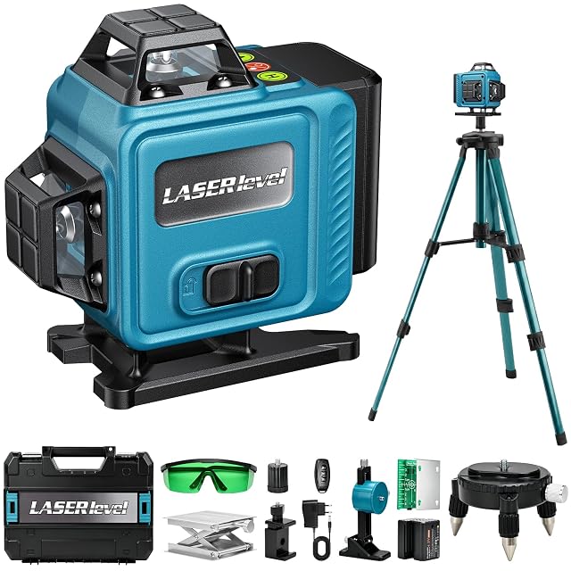 Laser verde a linee incrociate Pakinui su un piccolo treppiede, che proietta linee orizzontali e verticali su una parete
