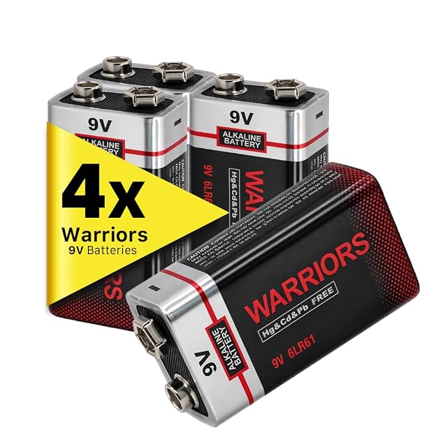 Pile a blocco alcaline Warriors da 9 volt nella loro confezione da quattro