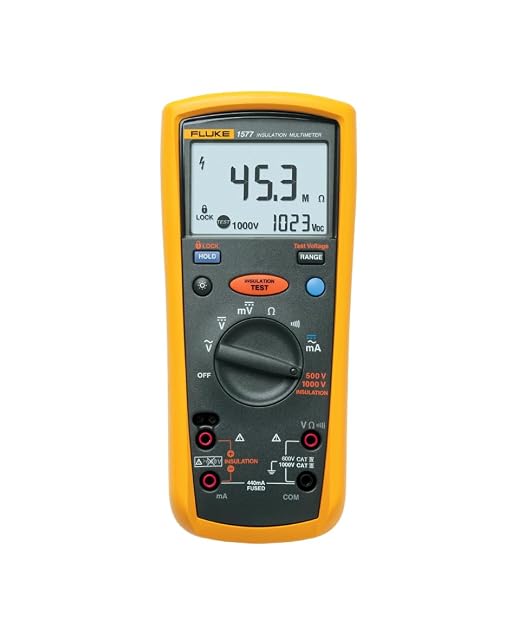 Multimetro d'isolamento Fluke 1577 in giallo e grigio con i puntali avvolti
