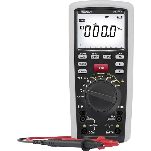Misuratore d'isolamento Voltcraft ET-200 con il suo selettore rotativo e l'ampio display