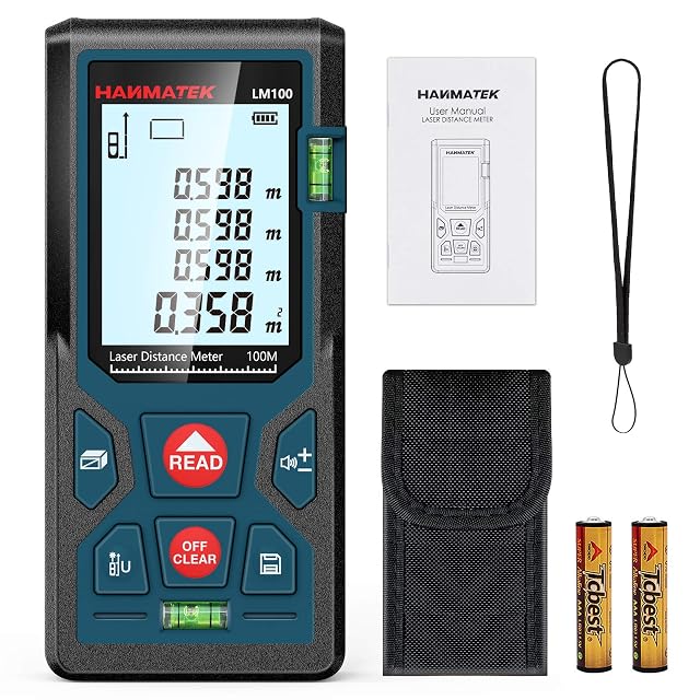 Misuratore laser di distanze HANMATEK LM100 con il display retroilluminato che mostra una distanza
