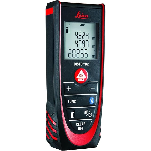 Misuratore laser di distanze Leica DISTO D2 in rosso e nero, con l'appendice ribaltabile aperta