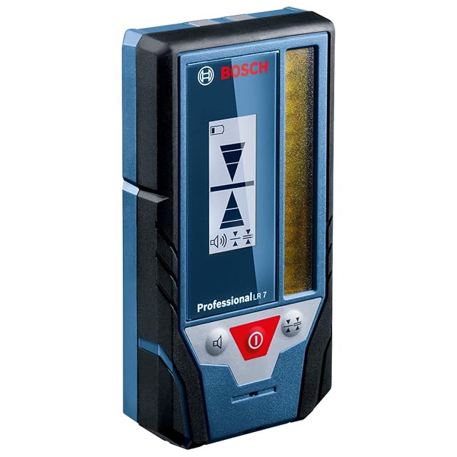 Ricevitore laser Bosch Professional LR 7 appoggiato a una parete, con l'indicazione di quota raggiunta