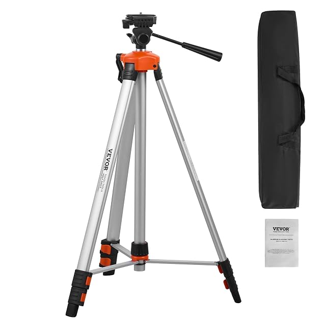 Treppiede da cantiere VEVOR esteso, con un laser a linee incrociate montato sulla testa
