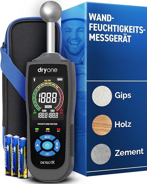 Misuratore d'umidità DryOne DetectX appoggiato a un pavimento in massetto