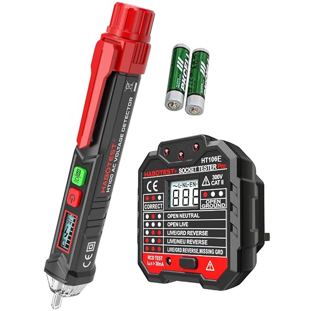 Kit amropi con un tester per prese e un cercafase senza contatto affiancati