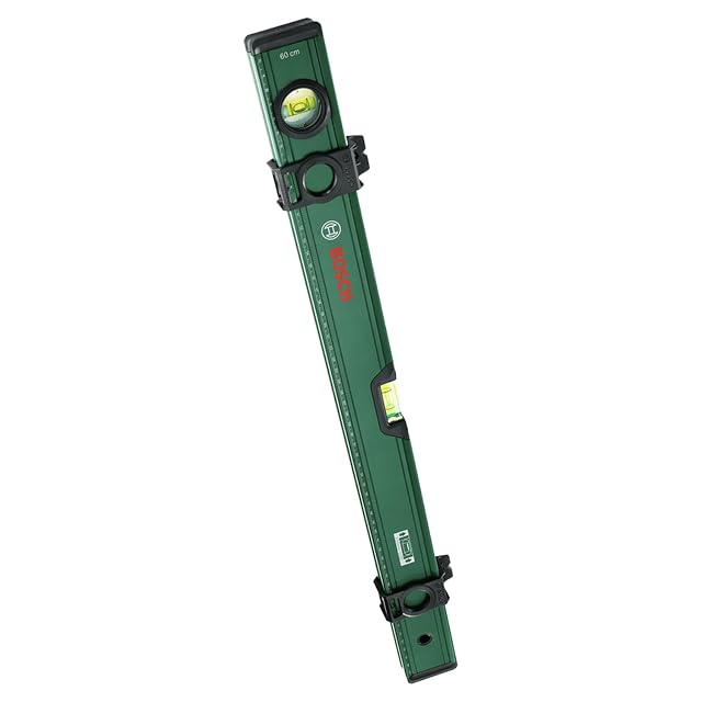 Livella a bolla in alluminio Bosch da 60 cm con le fiale fluorescenti, la scala stampata e i due cursori di marcatura