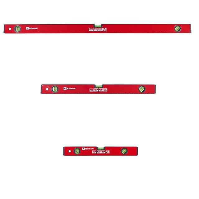 Set di tre livelle a bolla Einhell disposte in fila, da 40, 60 e 100 centimetri
