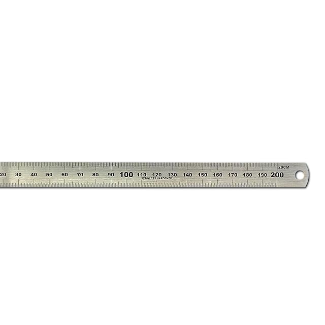 Riga in acciaio inox Hedue da 200 mm con le sue graduazioni millimetriche incise