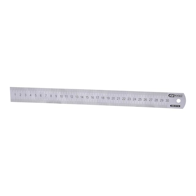 Riga in acciaio semiflessibile KS Tools da 300 mm piegata leggermente per mostrarne la flessibilità