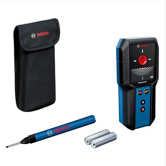 Scanner da muro Bosch Professional GMS 120-27 con l'anello di LED acceso in rosso sopra un oggetto rilevato