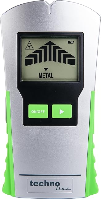 Scanner da muro technoline WZ1200 appoggiato a una parete in cartongesso, con il display che mostra un montante