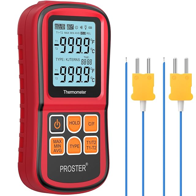 Termometro Proster a due canali con due sonde di tipo K collegate, che mostra entrambe le letture