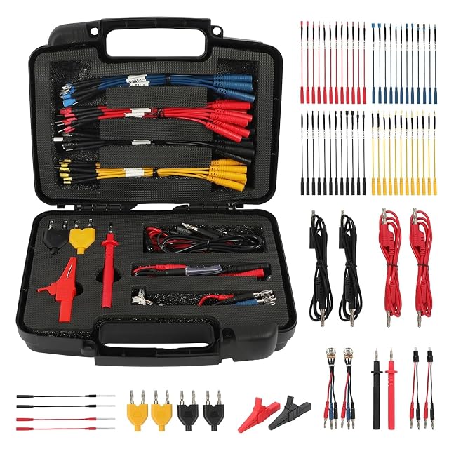Kit puntali per multimetro AUTOOL da 68 pezzi disposto nella sua custodia
