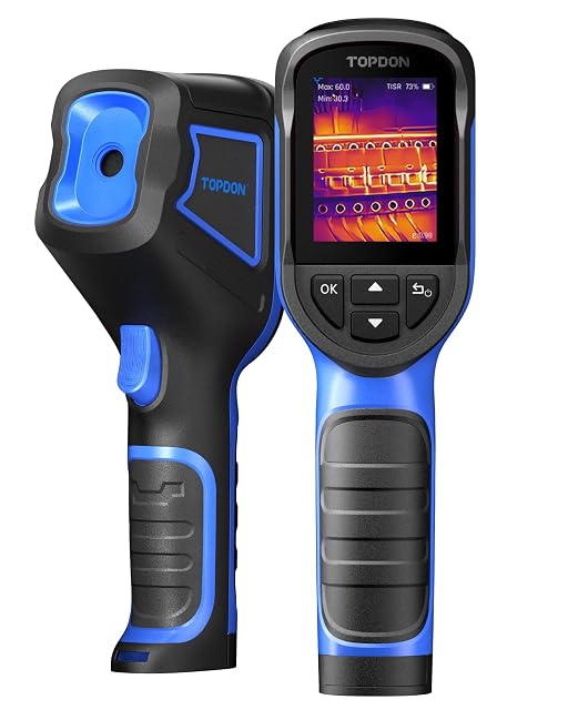 Termocamera TOPDON TC004 Mini che mostra un'immagine termica sul proprio schermo