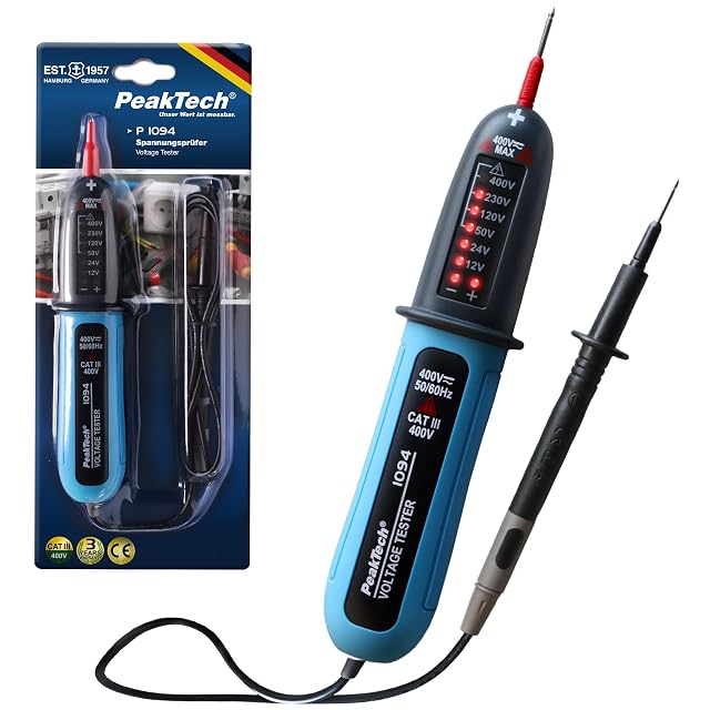 Cercafase bipolare PeakTech P 1094 con le sue due sonde e la scala a LED
